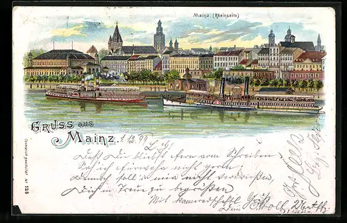 Lithographie Mainz, Panorama der Rheinseite