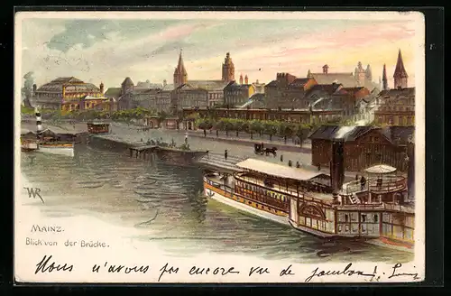 Lithographie Mainz, Blick von der Brücke