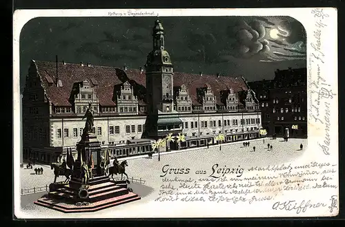 Lithographie Leipzig, Rathaus und Siegesdenkmal bei Nacht