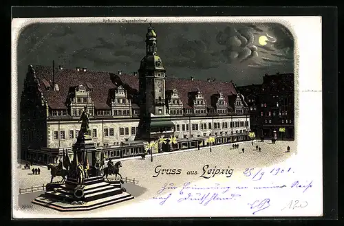 Lithographie Leipzig, Rathaus und Siegesdenkmal bei Nacht