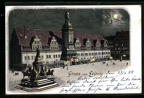 Lithographie Leipzig, Rathaus und Siegesdenkmal bei Nacht