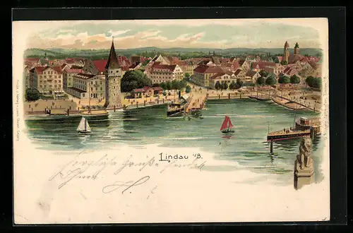 Lithographie Lindau i. B., Hafenpartie aus der Vogelschau