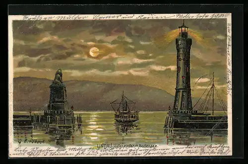 Lithographie Lindau a. Bodensee, Hafeneinfahrt mit Leuchtturm