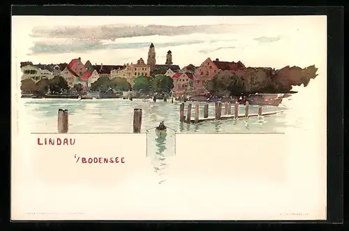 Künstler-AK Lindau /Bodensee, Panoramaansicht mit Steg