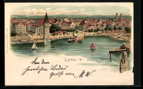 Lithographie Lindau i. B., Hafenpartie aus der Vogelschau