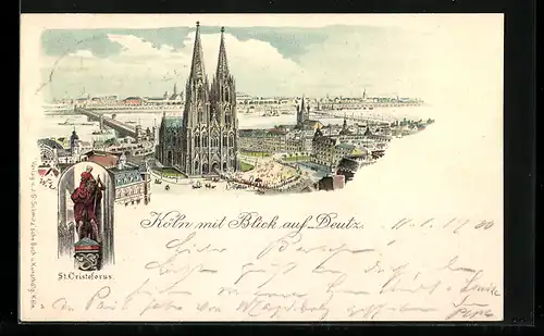 Lithographie Köln, Ortsansicht mit Blick auf Deutz und St. Cristoforus