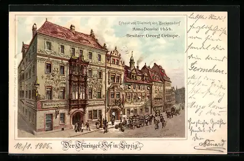 Lithographie Leipzig, Hotel Thüringer Hof von Georg Grimpe