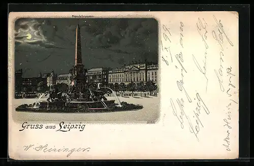 Lithographie Leipzig, Mendebrunnen bei Nacht