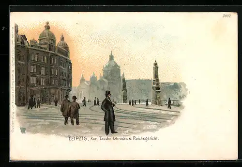Lithographie Leipzig, Karl Tauchnitzbrücke und Reichsgericht im Winter