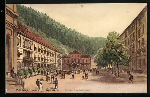 Lithographie Wildbad, Passanten beim Spazieren auf dem Kurplatz
