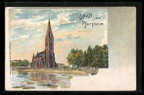 AK Pforzheim, Kirche vom Teich aus gesehen