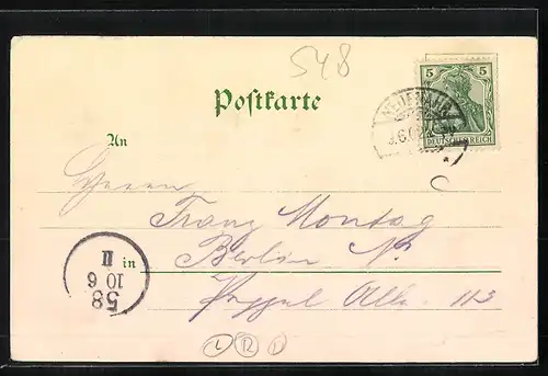 Lithographie Bad Neuenahr, Gruss mit Panorama des Ortes