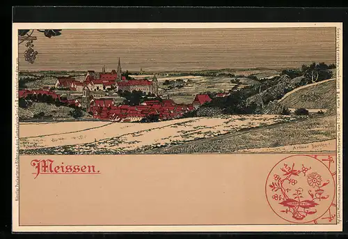 Steindruck-AK Meissen, Panorama in den Tal