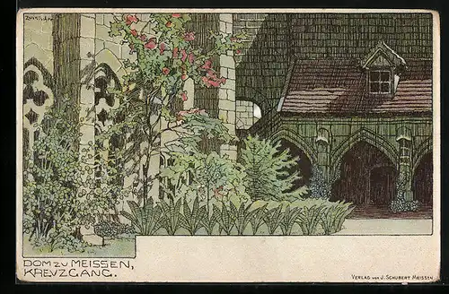 Lithographie Meissen, Kreuzgang am Dom