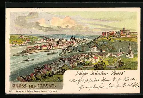 Lithographie Passau, Blick über die Stadt und Flusspartie