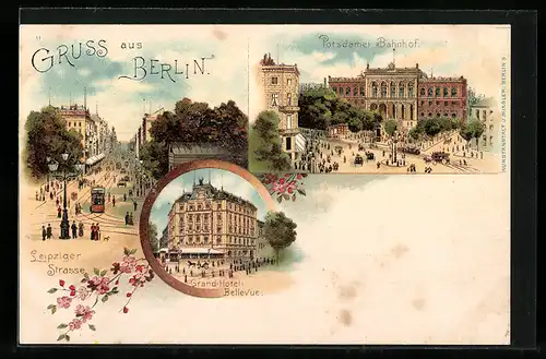 Lithographie Berlin, Potsdamer Bahnhof, Grand Hotel Bellevue, Leipziger Strasse