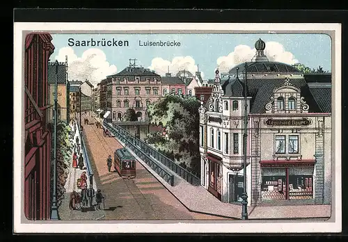 Lithographie Saarbrücken, Luisenbrücke mit Strassenbahn