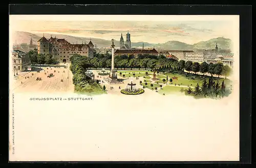 Lithographie Stuttgart, Blick aus der Vogelperspektive auf den Schlossplatz