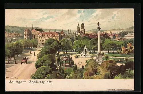 Lithographie Stuttgart, Schlossplatz mit Springbrunnen