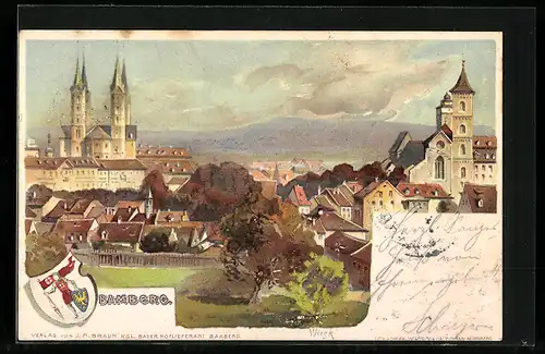 Lithographie Bamberg, Panoramablick auf die Stadt, Wappen