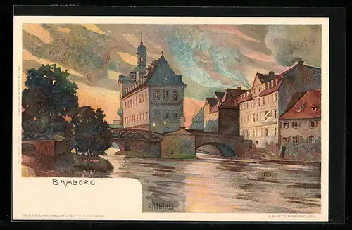 Lithographie Bamberg, Brückenpartie mit Rathaus