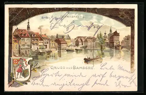 Lithographie Bamberg, Regnitzpartie, Wappen