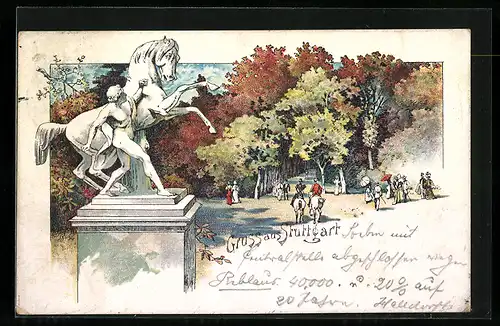 Lithographie Stuttgart, Besucher am Reiterdenkmal im Park