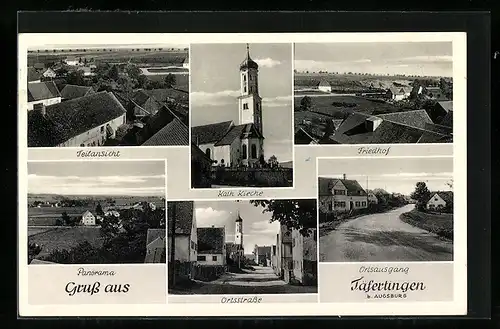AK Täfertingen b. Augsburg, Kath. Kirche, Friedhof und Ortsstrasse
