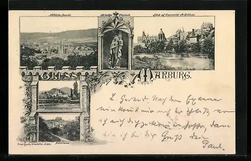 AK Marburg, Blick auf Universität und Schloss, Die heilige Elisabeth, Panorama