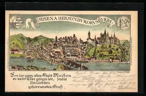 Künstler-AK Meissen, Blick auf die Stadt an der Elbe anno 1558