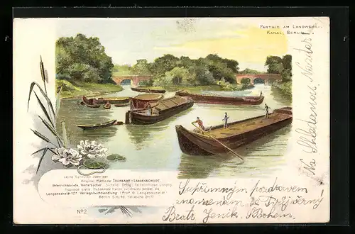 Lithographie Berlin-Tiergarten, Partie am Landwehr-Kanal mit Booten