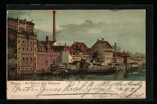 Lithographie Alt-Berlin, Ortsansicht am Wasser