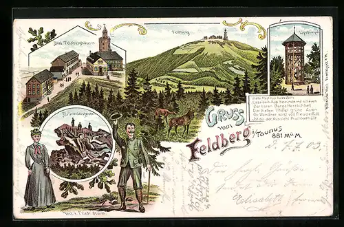 Lithographie Feldberg i. Taunus, Drei Feldberghäuser, Lipstempel, Bünhildisfelsen