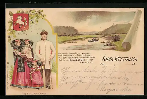 Lithographie Porta Westfalica, Familie in Tracht, Dampfer auf dem Fluss