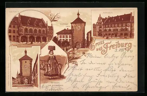 Lithographie Freiburg i. B., Kaufhaus, Rathaus, Martinsthor, Schwabenthor, Braut in Tracht