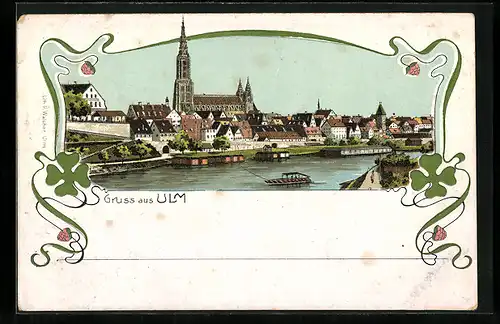 Lithographie Ulm, Ortsansicht mit Hafen und Kirche