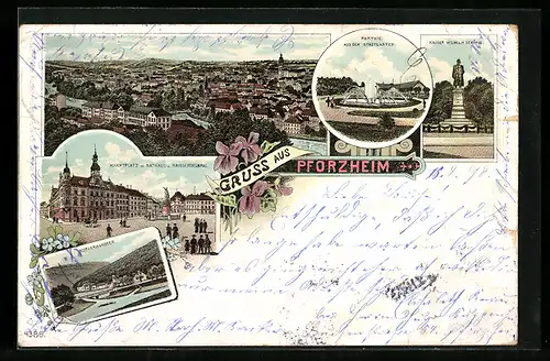 Lithographie Pforzheim, Marktplatz mit Rathaus und Kriegerdenkmal, Kupferhammer