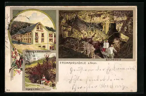 Künstler-AK Hasel, Gasthaus zur Erdmannshöhle, Bachhöhle, Eingang zur Höhle