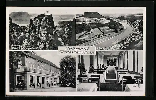 AK Waltersdorf, Gasthof Erbgericht, Inh. O. Schmidt, Innenansicht, Basteibrücke m. Lilienstein