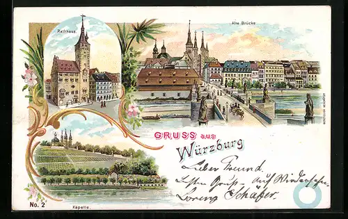 Lithographie Würzburg, Alte Brücke, Rathaus und Käpelle