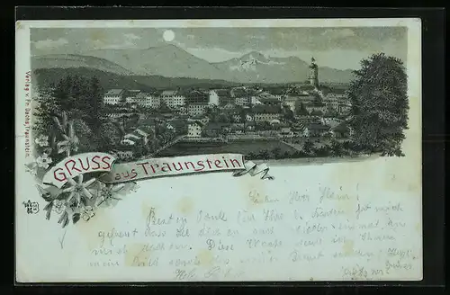 Lithographie Traunstein, Totalansicht aus der Vogelschau