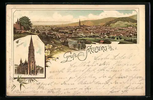 Lithographie Freiburg i. B., Ortsansicht und Blick auf Münster