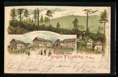 Lithographie Feldberg i. T., Die drei Feldberghäuser mit Waldlandschaft