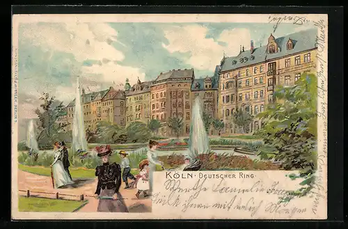 Lithographie Köln-Neustadt, Springbrunnen am Deutschen Ring