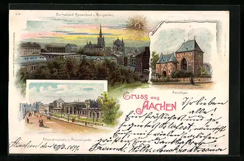 Lithographie Aachen, Elisenbrunnen u. Promenade, Pontthor