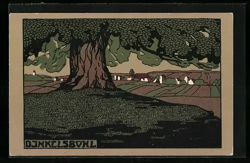 Steindruck-AK Dinkelsbühl, Ortspartie mit Baum