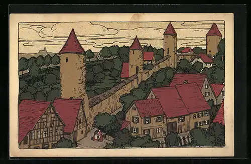 Steindruck-AK Dinkelsbühl, Turmpartie an der Stadtmauer