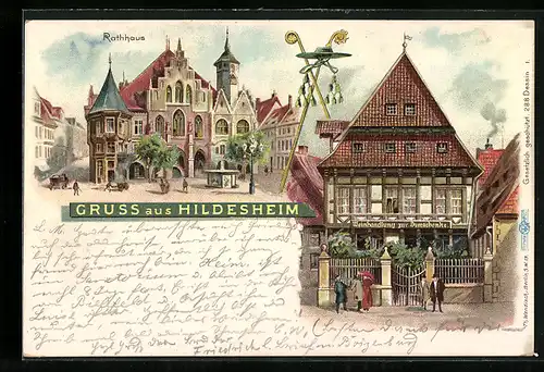 Lithographie Hildesheim, Gasthaus Weinhandlung zur Domschenke, Rathaus