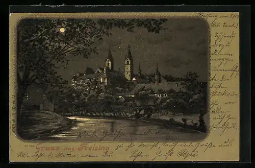 Mondschein-Lithographie Freising, Uferpartie mit Ort