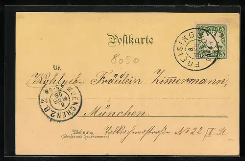 Mondschein-Lithographie Freising, Uferpartie mit Ort